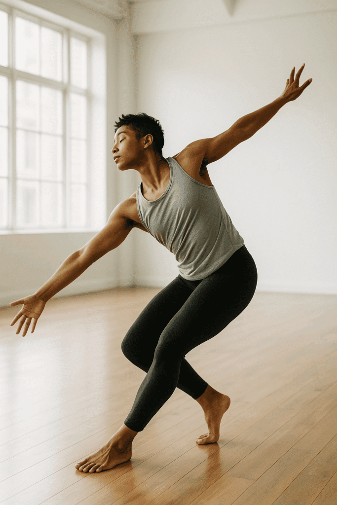 A contemporary dancer performing a fluid, expressive movement in a bright, minimalist studio with natural light and wooden floors.