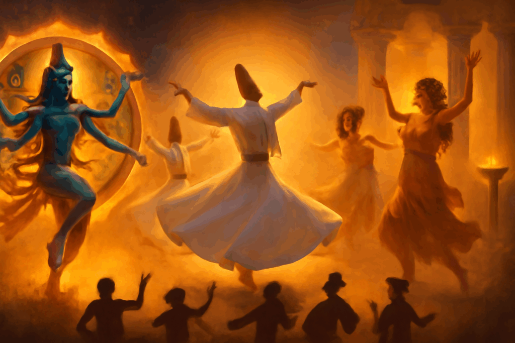 Panoramic illustration of dance in religion and mythology showing Shiva Nataraja, Sufi whirling dervishes, and Greek Dionysian dancers