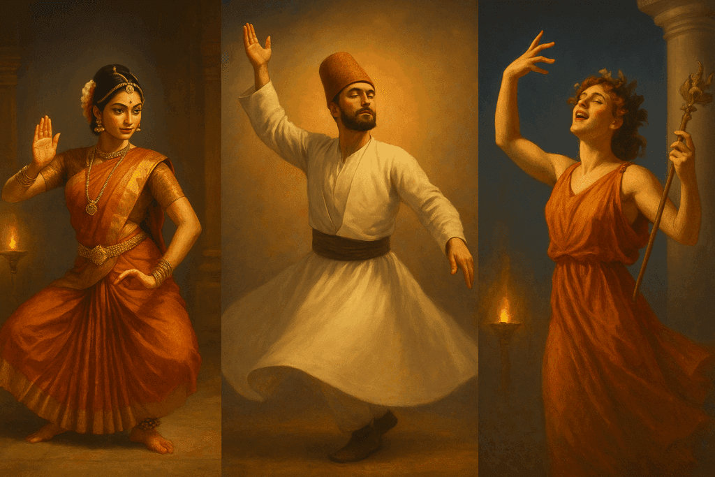 Triptych showing dance in religion and mythology: Bharatanatyam, Sufi whirling, and Dionysian ritual
