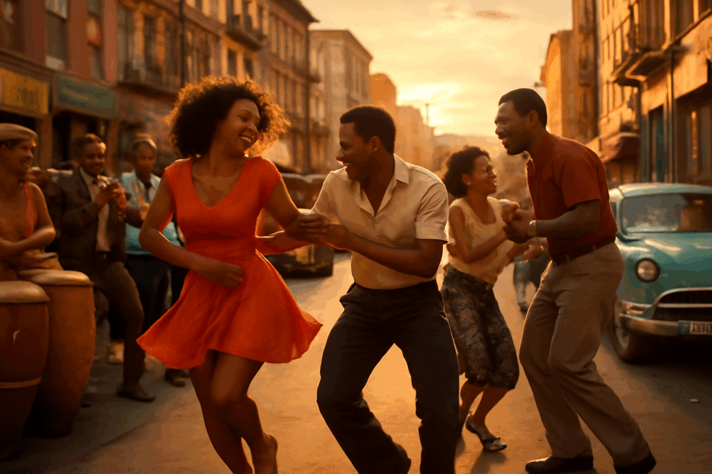 Salsa dancers performing on a 1970s New York street representing the cultural origins of salsa dance.