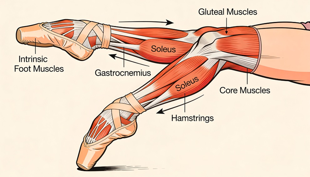 Detailed anatomical illustration of the muscles engaged during pointe work, including foot, calf, and core muscles.