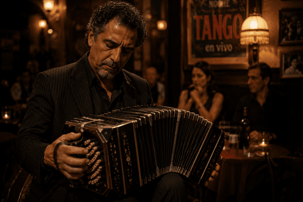 Argentine tango musician playing the bandoneon during a live tango performance