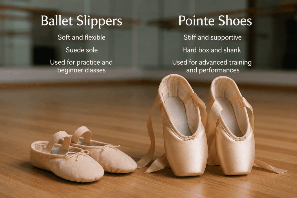 Comparison between ballet slippers and pointe shoes
