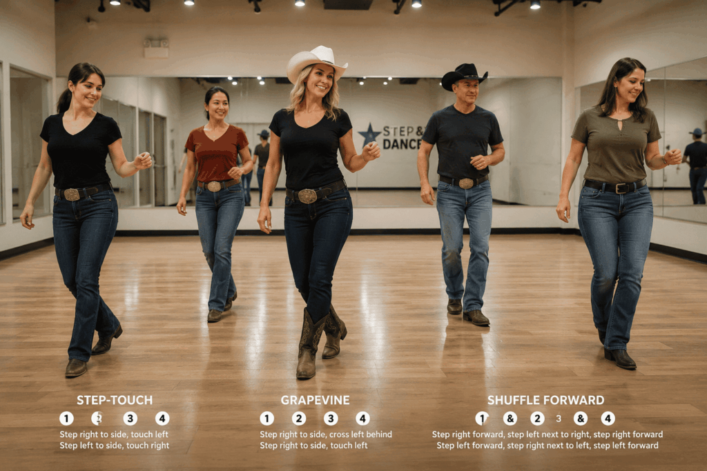 Beginner dancers practicing basic line dancing steps in a dance studio