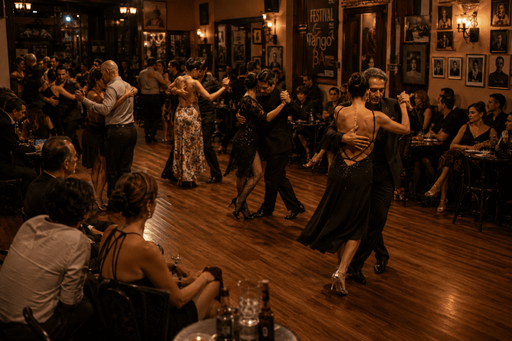 Social dancers enjoying Argentine tango at a traditional Buenos Aires milonga