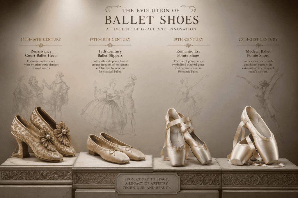 History of ballet shoes from court heels to modern pointe shoes