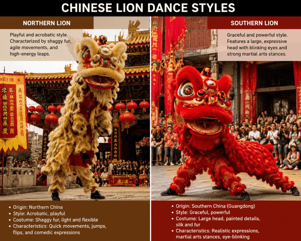 Comparison of Northern and Southern Chinese lion dance styles performed by two dancers each