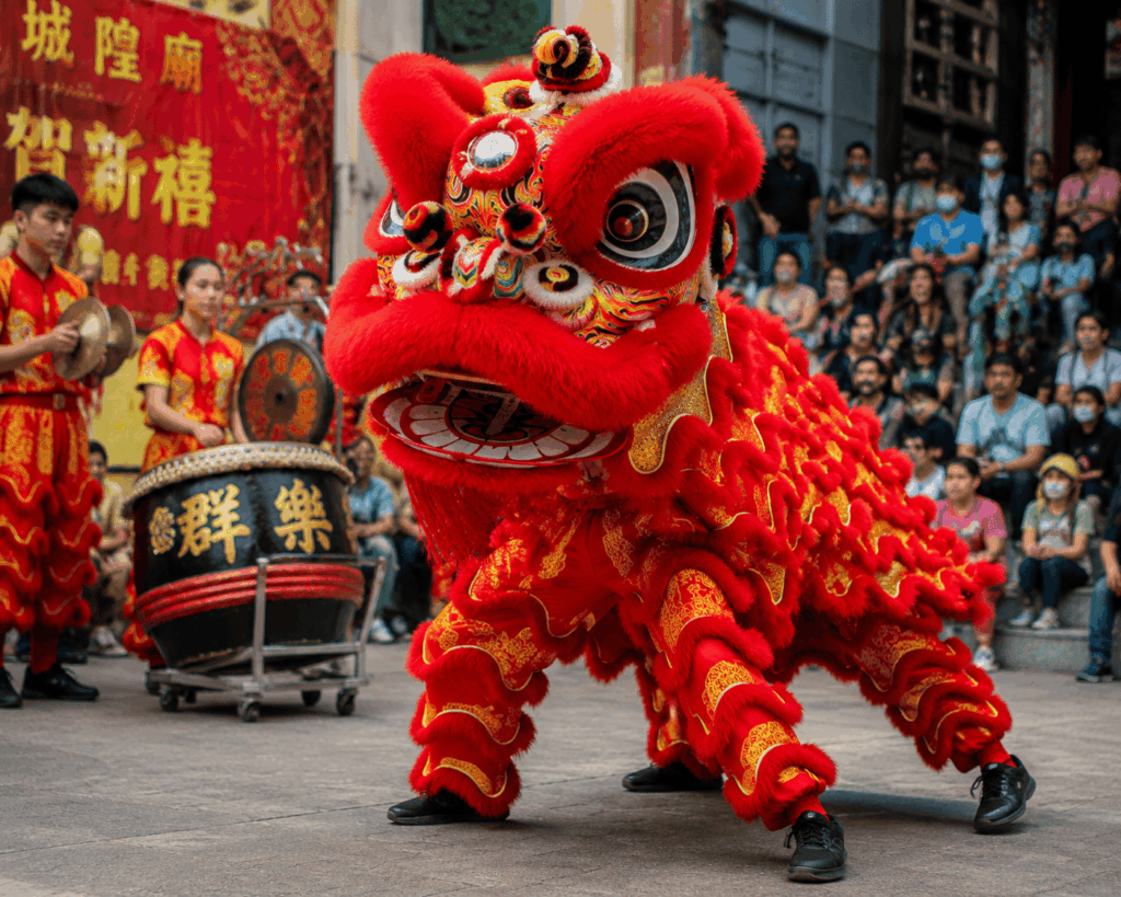 Two performers executing a traditional Chinese lion dance in a festival setting