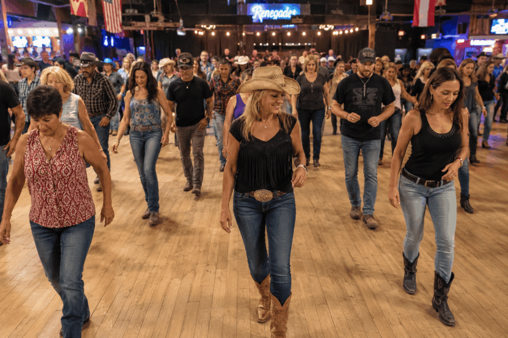 Group of people performing synchronized line dancing in a country-western dance hall