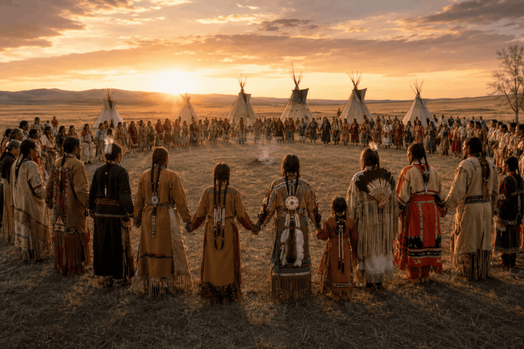 Native American tribes participating in a peaceful Ghost Dance ceremony during the late 19th century
