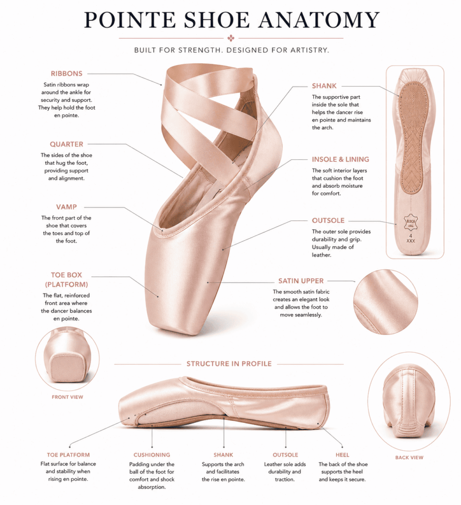 Parts of a pointe shoe including toe box platform and shank