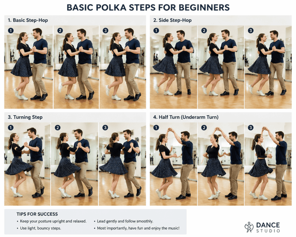 Couple practicing basic polka dance steps in a dance studio