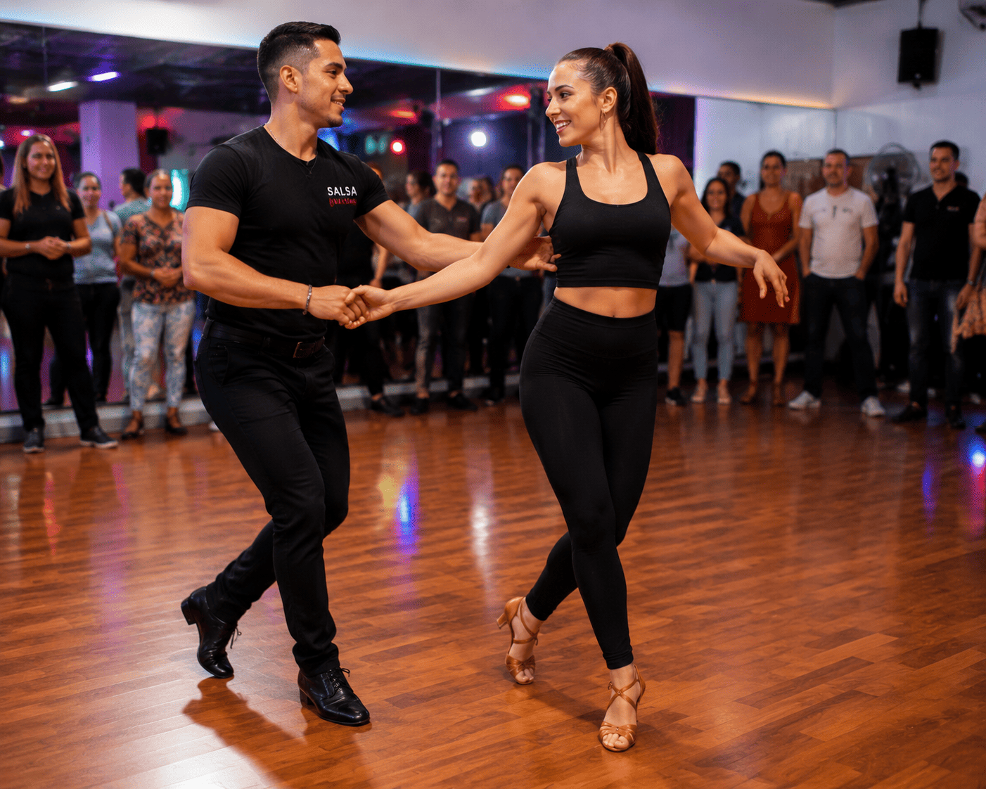 Couple performing salsa dance steps in a social dance studio
