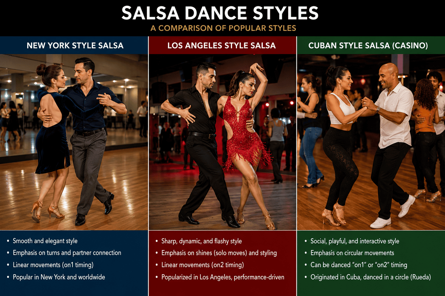 Comparison of different salsa dance styles: New York, Los Angeles, and Cuban