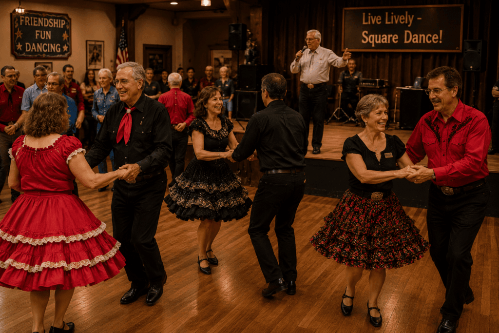 Square dance caller directing dancers during a modern western square dance event