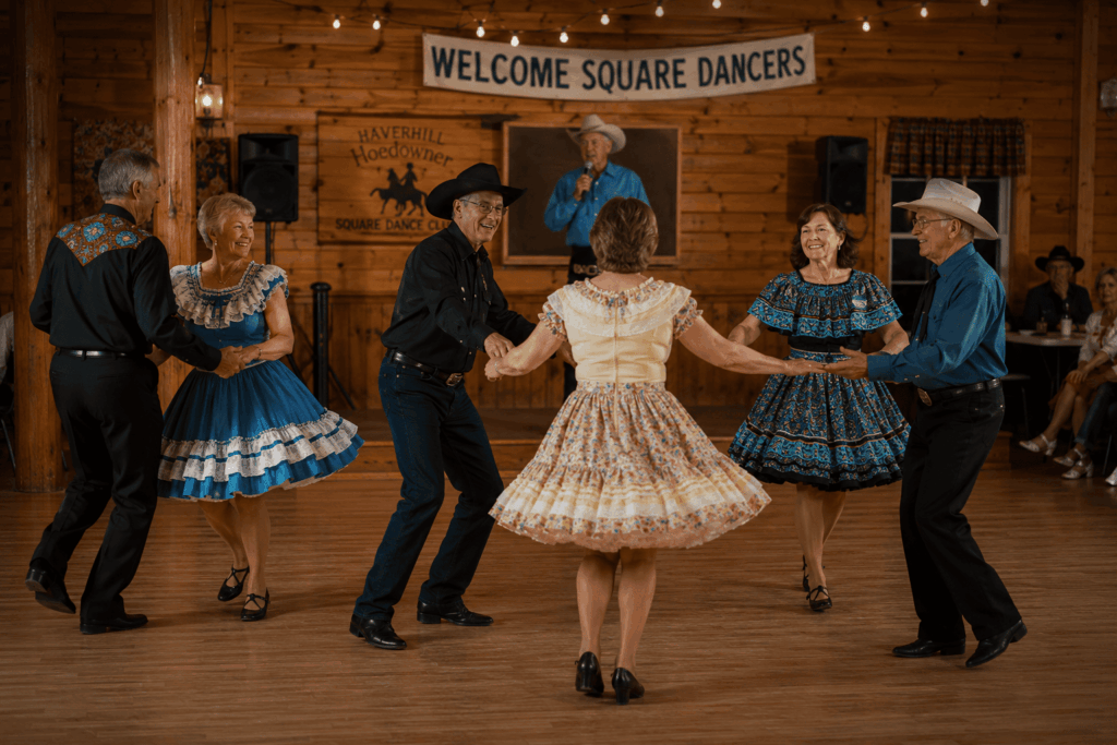 Four couples performing a traditional American square dance in square formation
