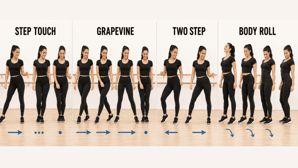 Beginner dance sequence showing Step Touch, Grapevine, Two Step and Body Roll movements.