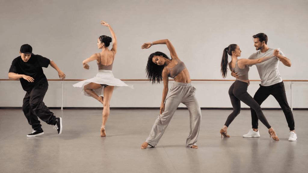 Dancers demonstrating different dance moves including footwork, turns, body isolations and partner movement.