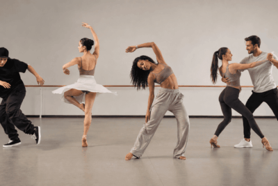Dancers demonstrating different dance moves including footwork, turns, body isolations and partner movement.