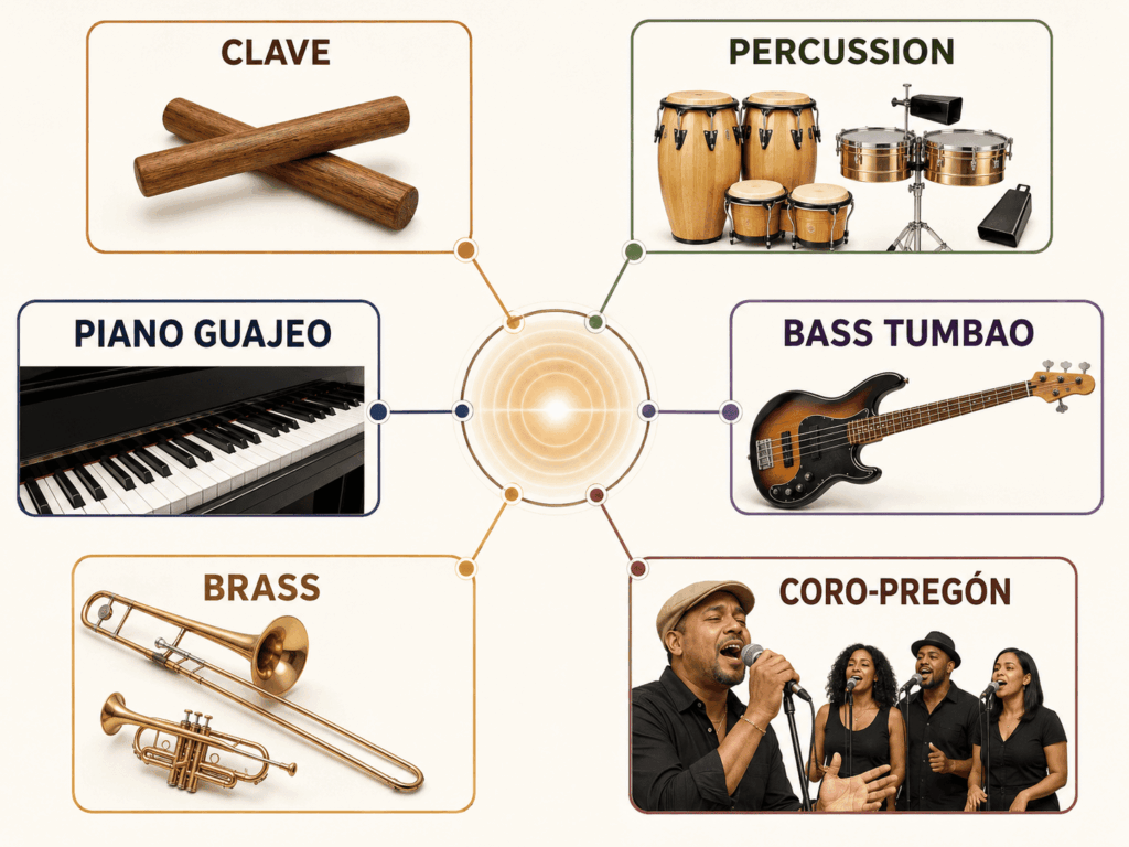 Diagram showing the main layers of salsa music: clave, percussion, piano guajeo, bass tumbao, brass and coro-pregĂłn vocals.