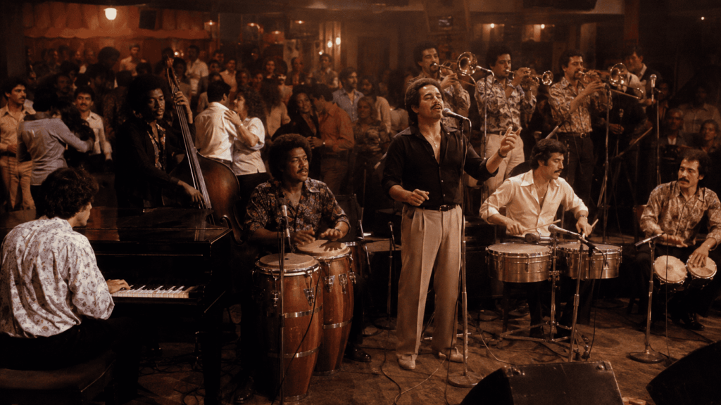 Salsa band performing with congas, timbales, piano and brass in a 1970s New York Latin music club.