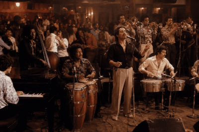 Salsa band performing with congas, timbales, piano and brass in a 1970s New York Latin music club.