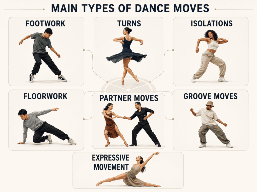 Infographic showing seven types of dance moves: footwork, turns, isolations, floorwork, partner moves, grooves and expressive movement.