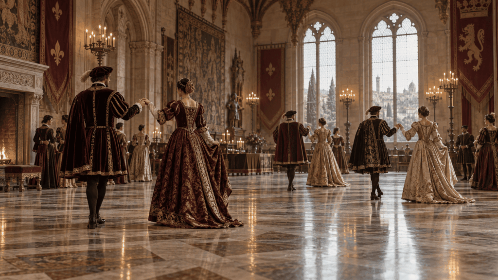 Nobles performing formal social dances in a Renaissance European court