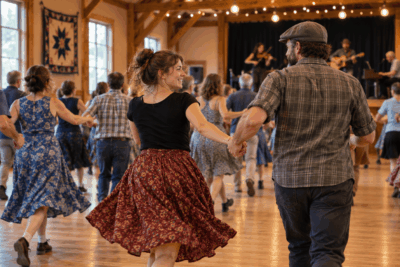 Contra dancers moving with partners during a social dance in a community hall