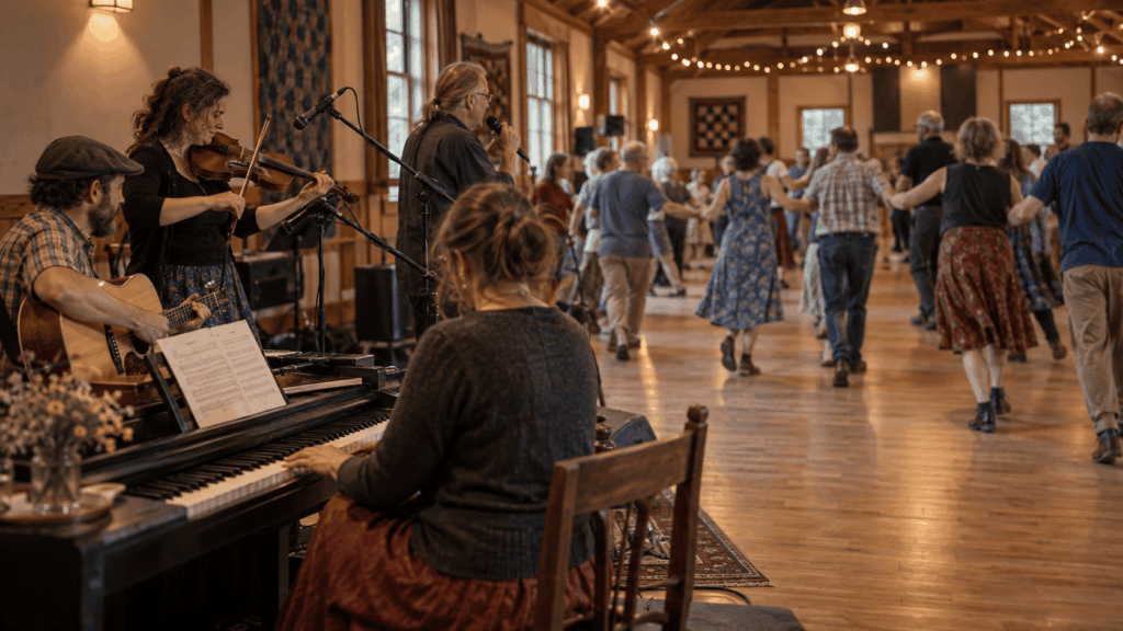 Contra dance band with fiddle, guitar, piano, and dancers moving in a community hall