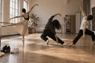 Dancers practicing different movement styles in a studio with dance shoes nearby