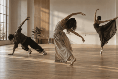 Dancers performing different movement styles together in a professional studio