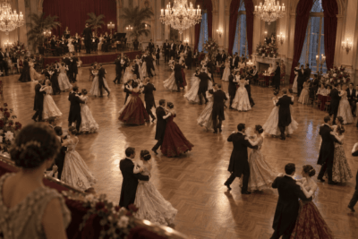 Couples ballroom dancing in an elegant early 20th-century social dance hall