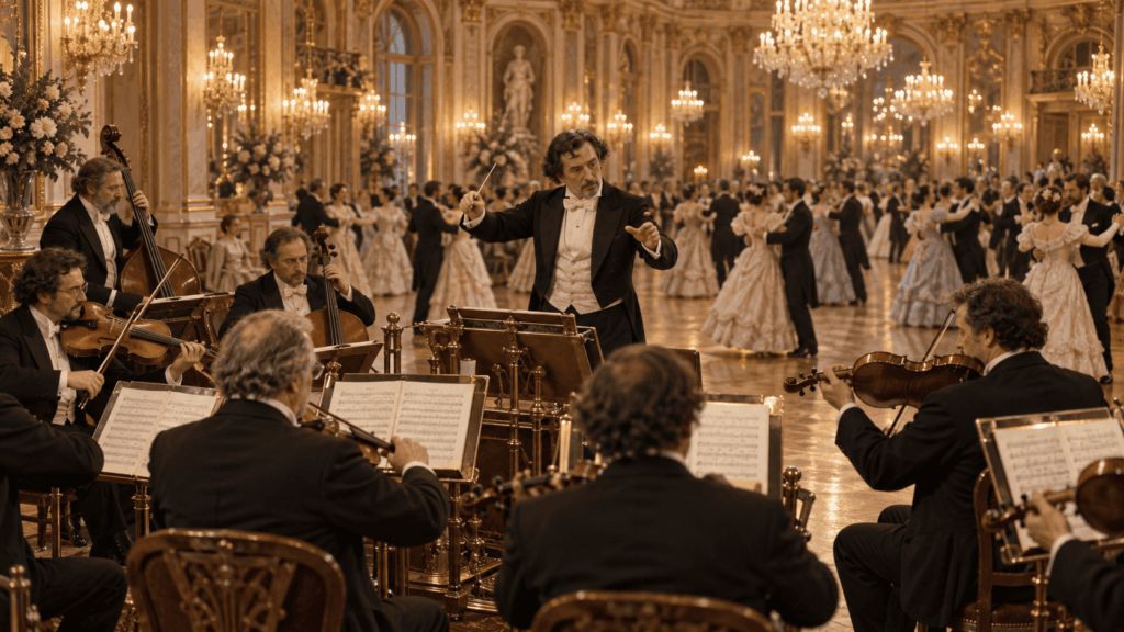 19th-century Viennese orchestra performing waltz music as couples dance in a grand ballroom