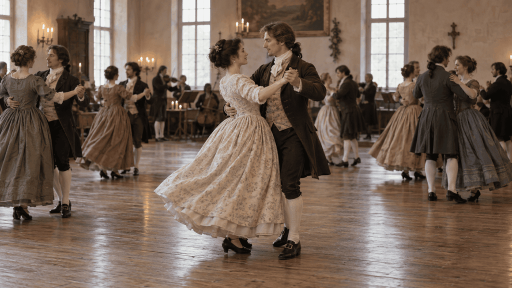 Central European couples performing an early turning dance in a late 18th-century social hall