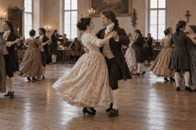 Central European couples performing an early turning dance in a late 18th-century social hall
