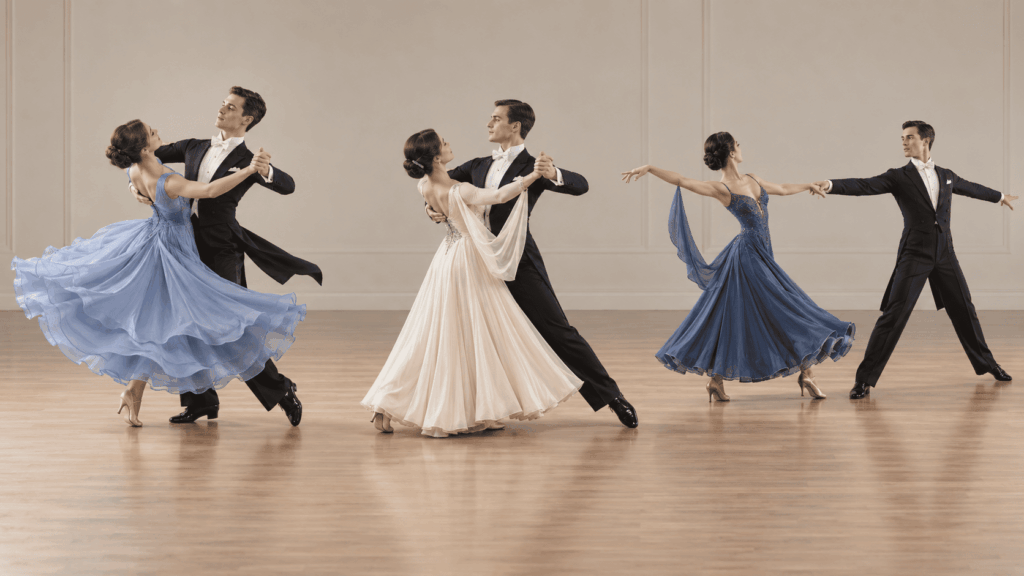 Three anonymous couples demonstrating Viennese, Slow, and American Smooth waltz movement